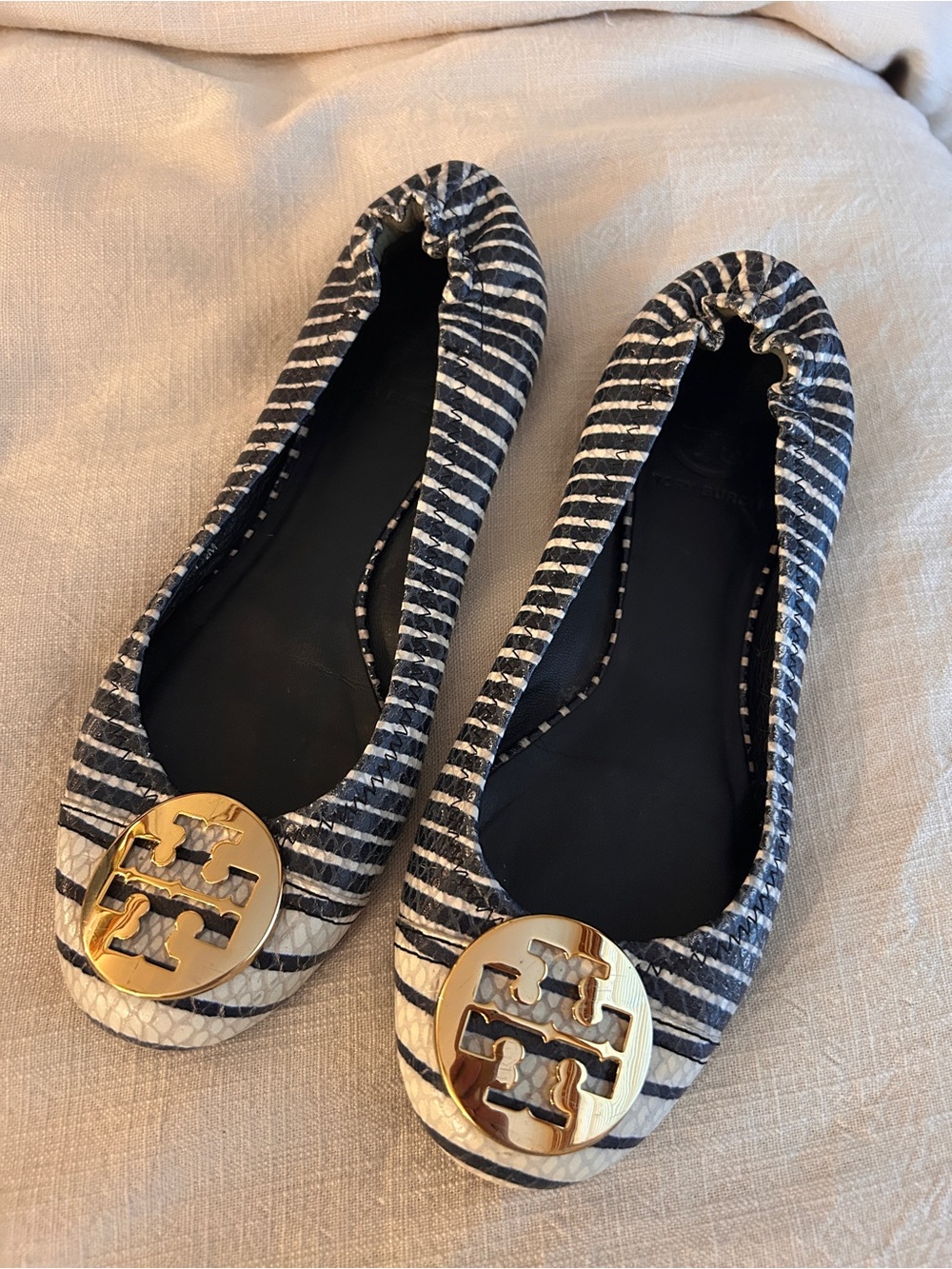 Tory Burch Navy and White Striped Logo Ballet Flats